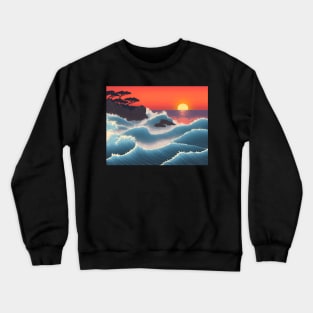 Ukiyo-e Japanese Art - Waves Crashing Against a Rocky Coast at Sunset Crewneck Sweatshirt